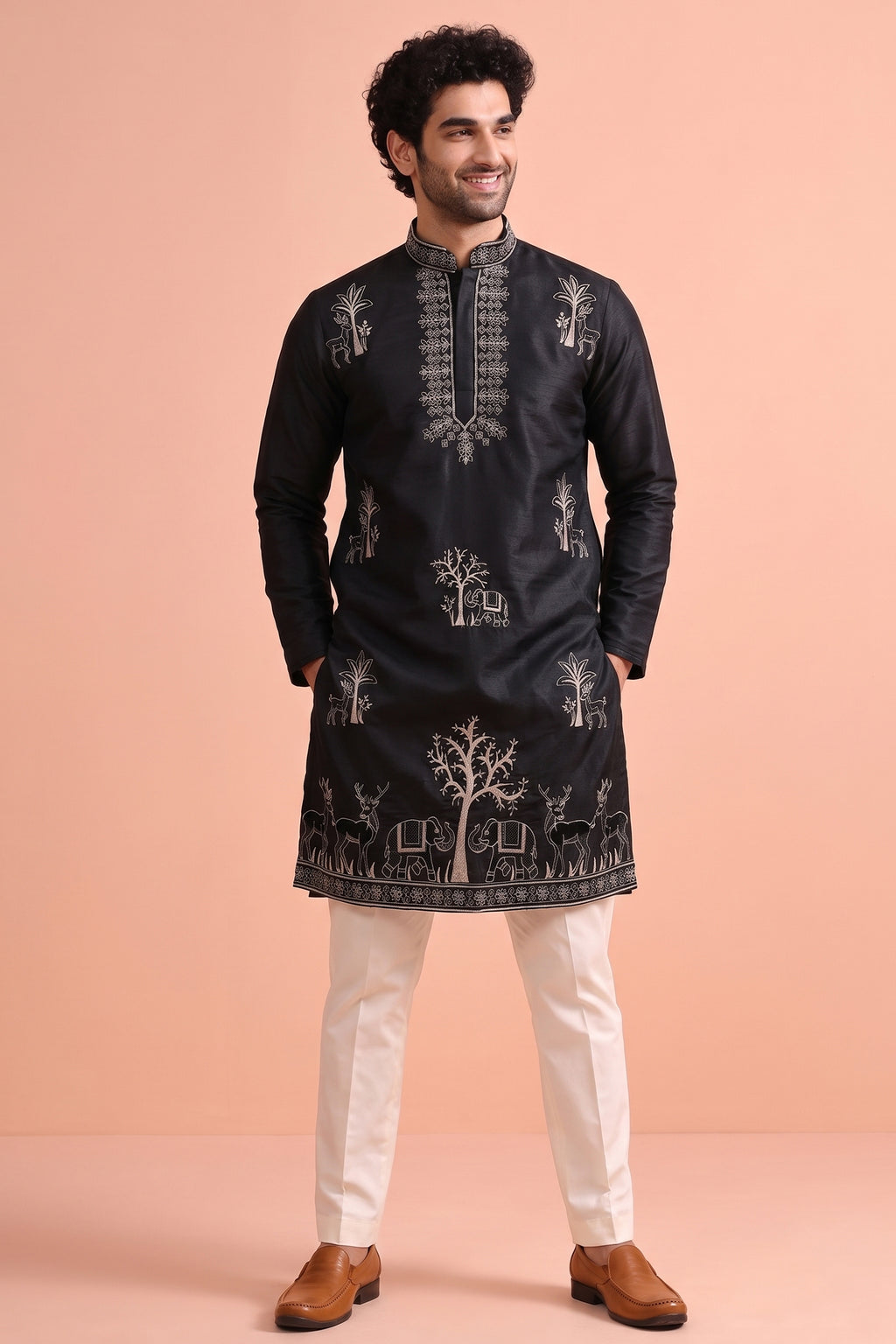 Black Satin Embroidered Kurta Pajama