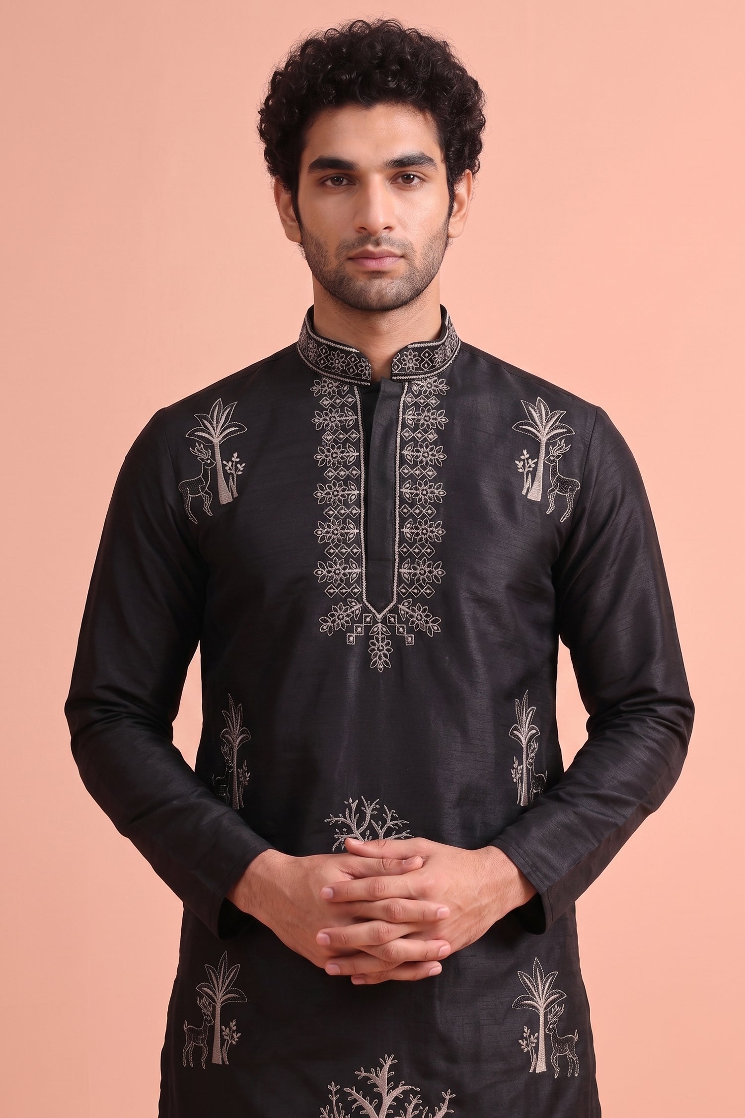 Black Satin Embroidered Kurta Pajama