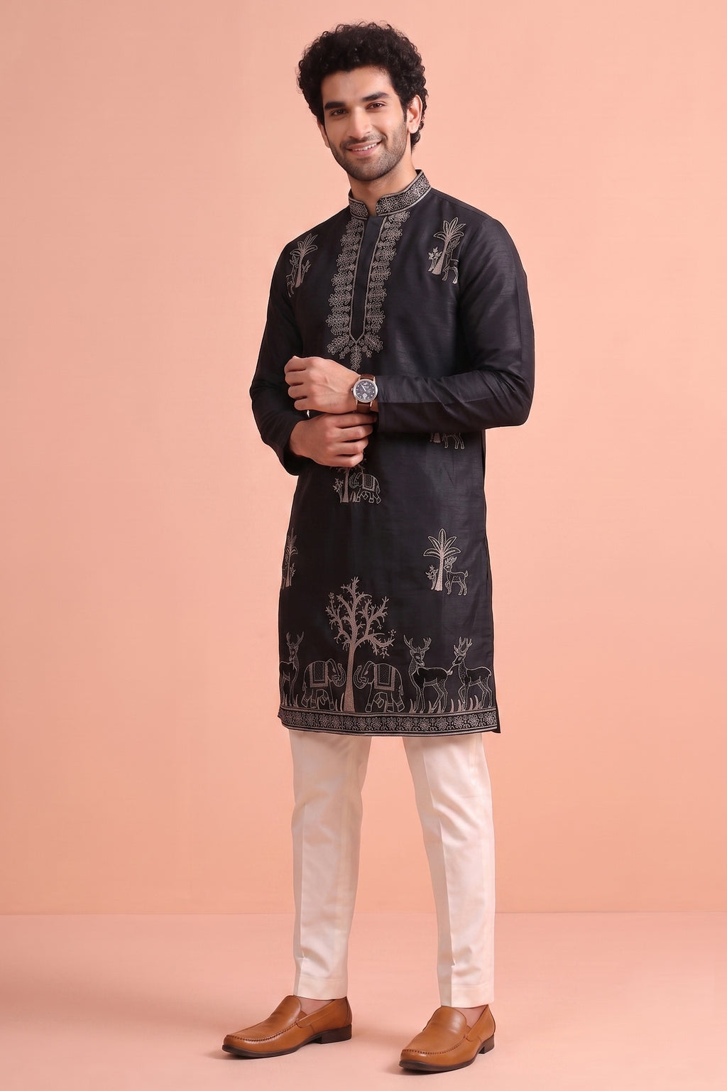 Black Satin Embroidered Kurta Pajama