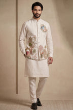 Off White Viscose Embroidered Kurta Pajama with Jacket