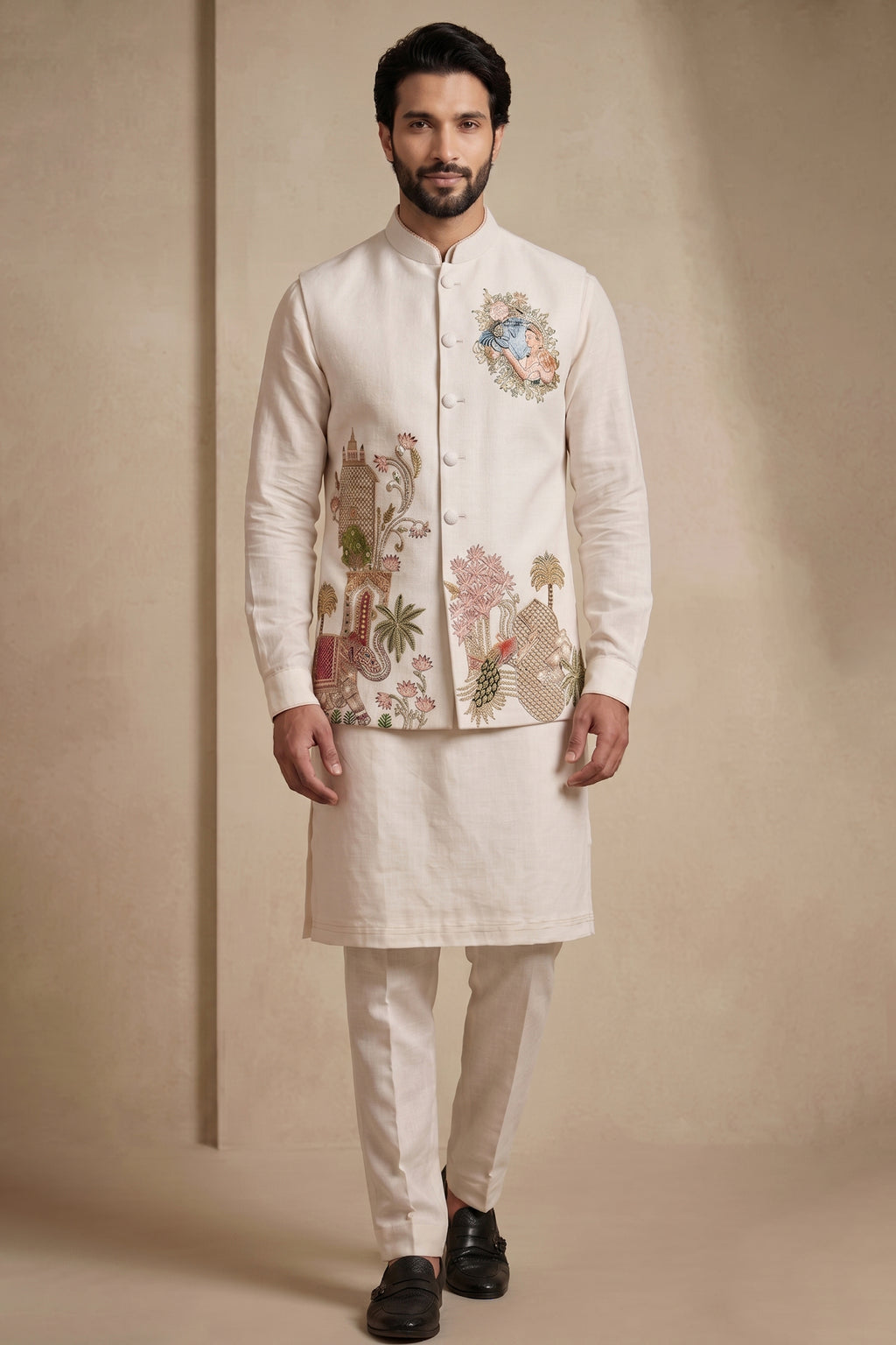 Off White Viscose Embroidered Kurta Pajama with Jacket