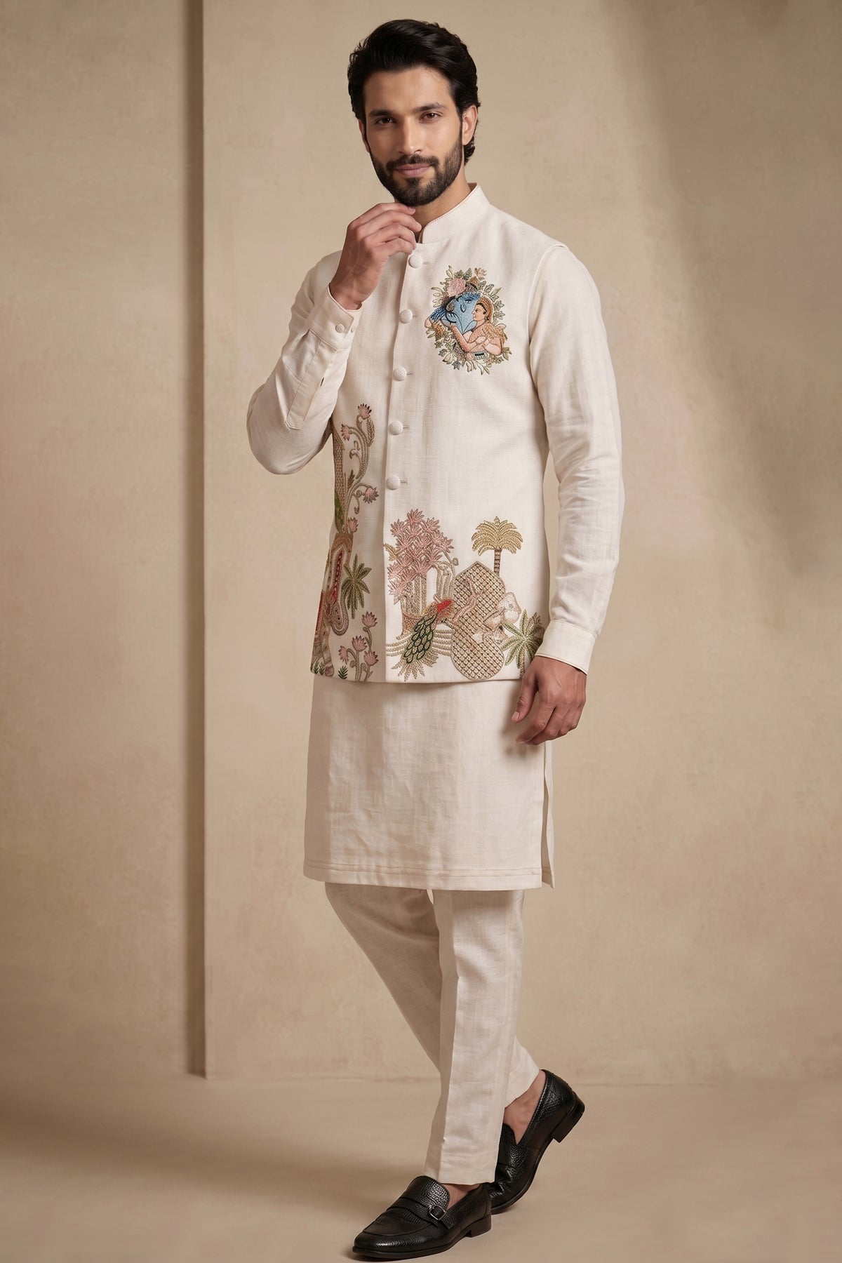 Off White Viscose Embroidered Kurta Pajama with Jacket