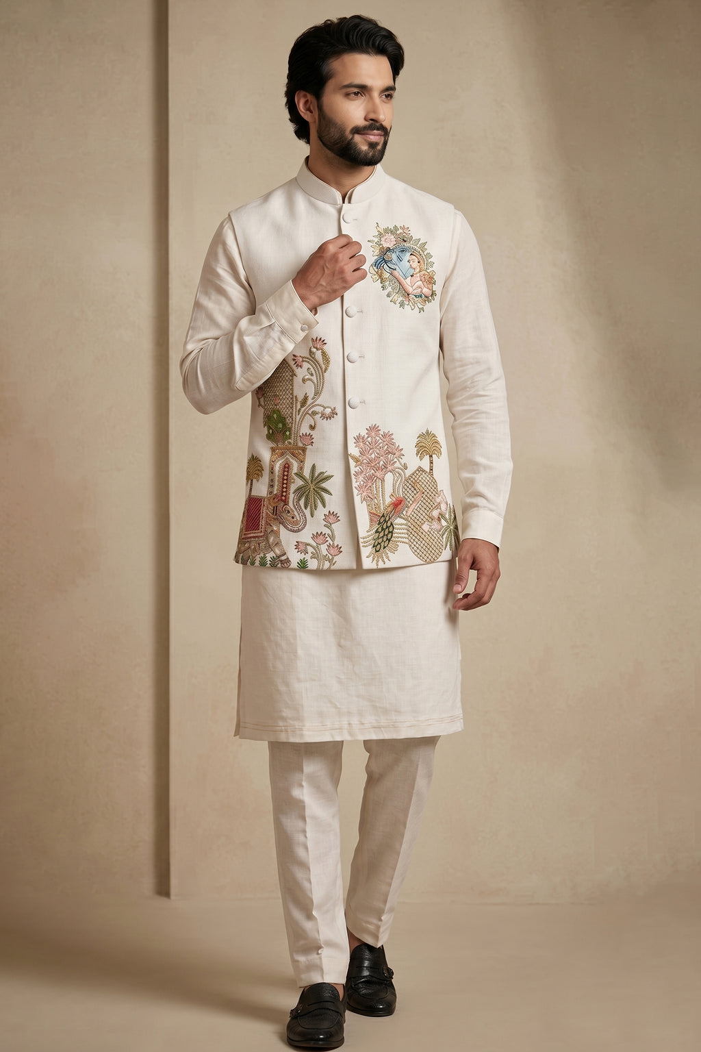 Off White Viscose Embroidered Kurta Pajama with Jacket