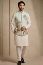 Off White Viscose Embroidered Kurta Pajama with Jacket
