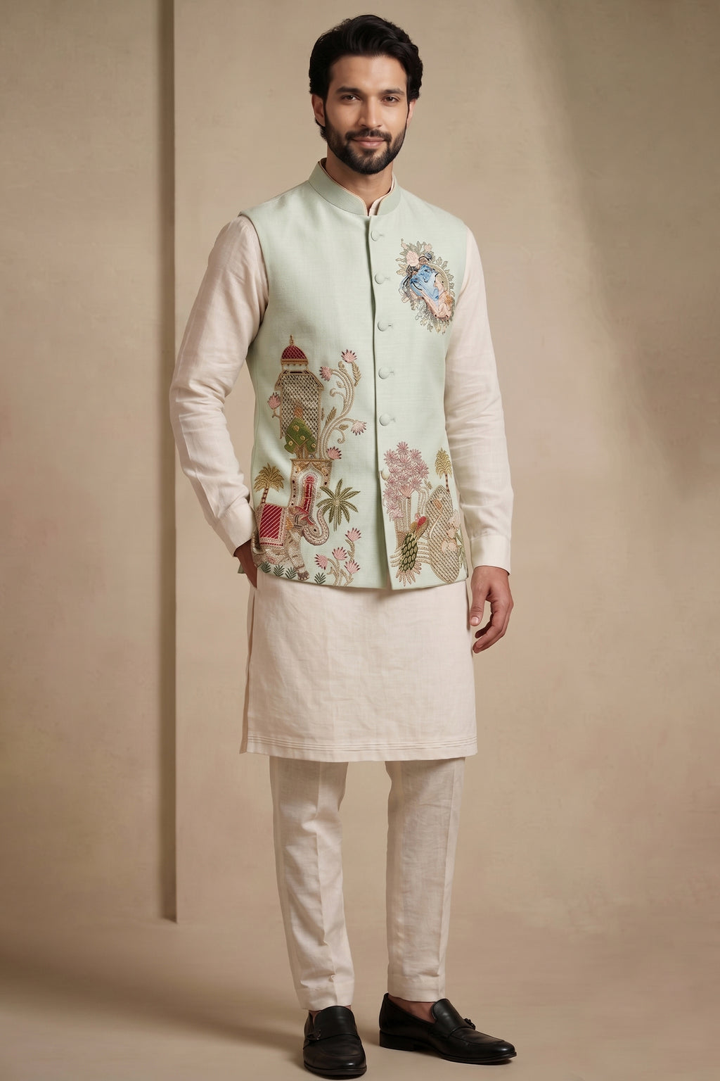 Off White Viscose Embroidered Kurta Pajama with Jacket