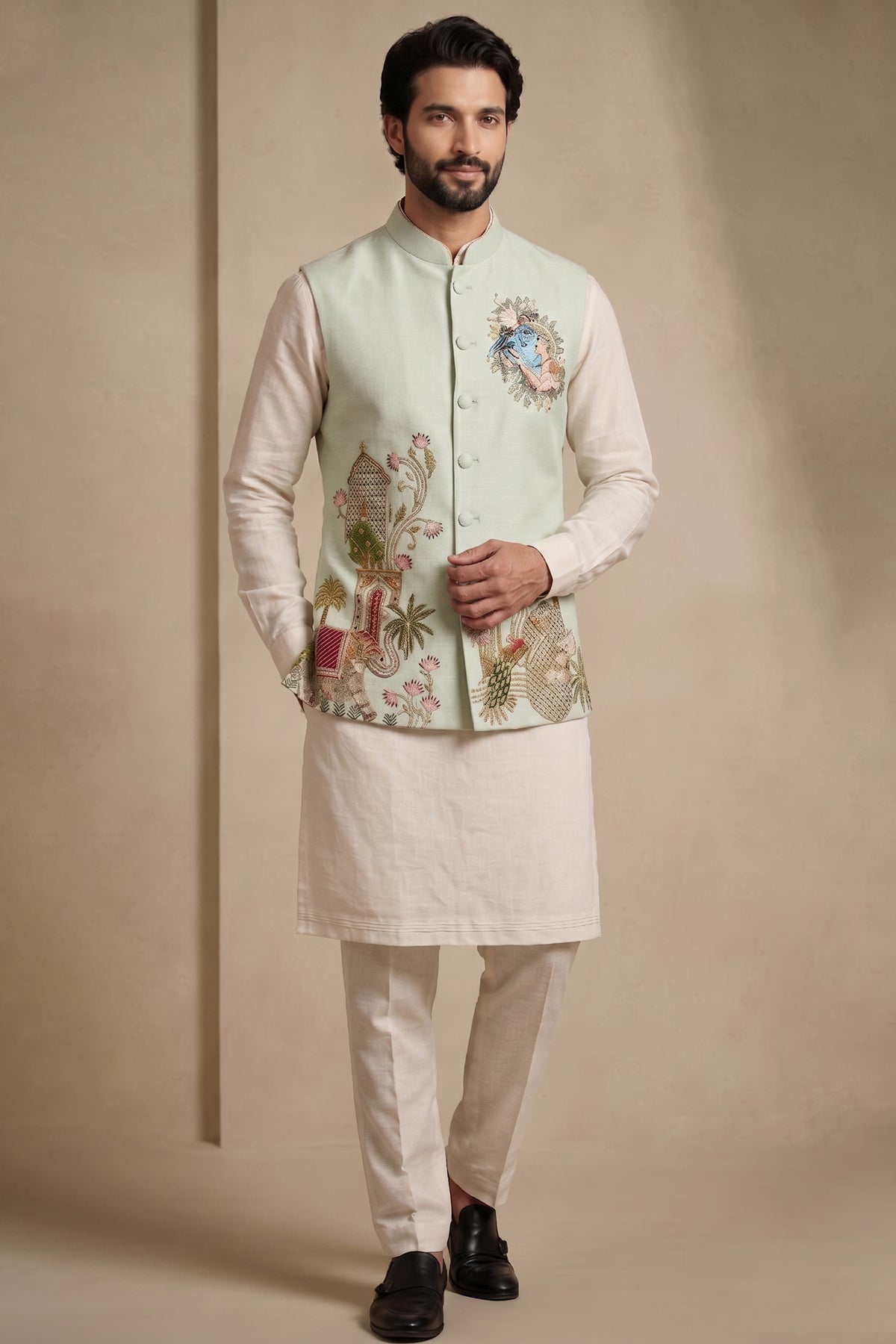 Off White Viscose Embroidered Kurta Pajama with Jacket