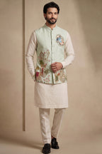 Off White Viscose Embroidered Kurta Pajama with Jacket