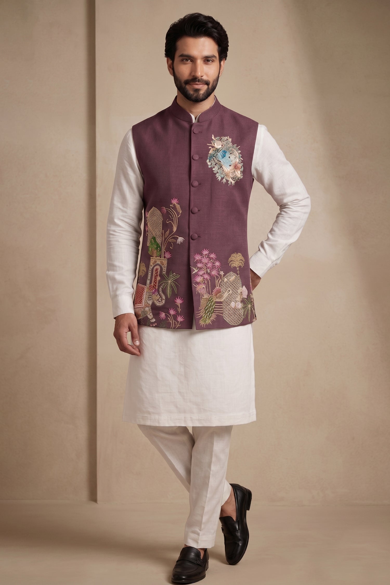 Off White Viscose Embroidered Kurta Pajama with Jacket Secondary image