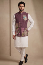 Off White Viscose Embroidered Kurta Pajama with Jacket