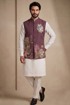 Off White Viscose Embroidered Kurta Pajama with Jacket