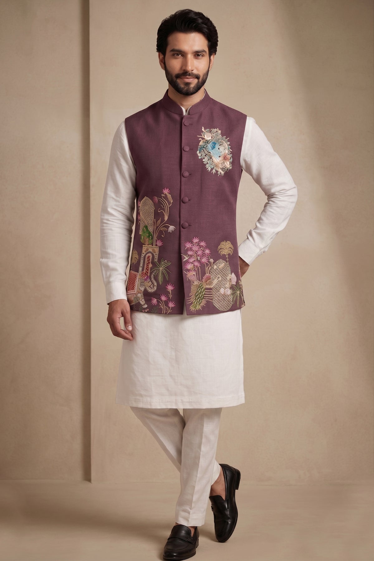 Off White Viscose Embroidered Kurta Pajama with Jacket