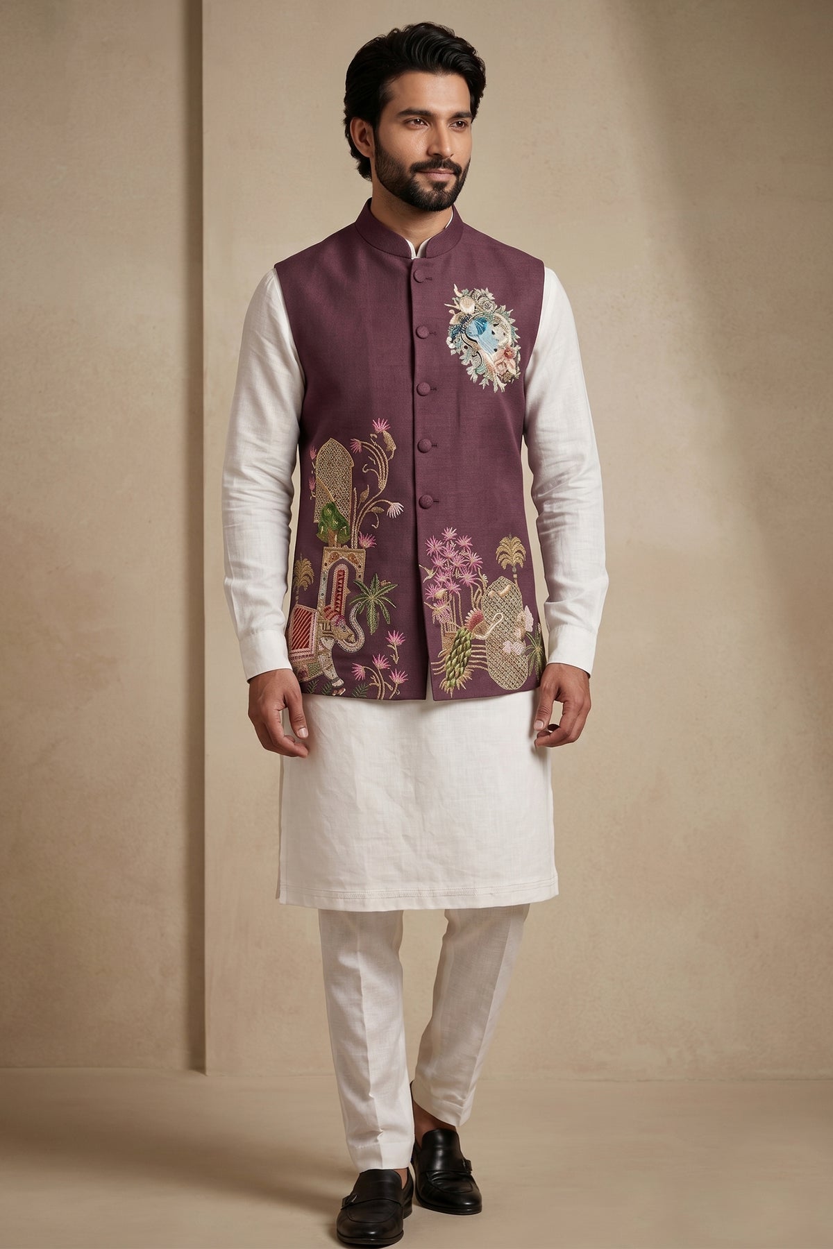 Off White Viscose Embroidered Kurta Pajama with Jacket Main image