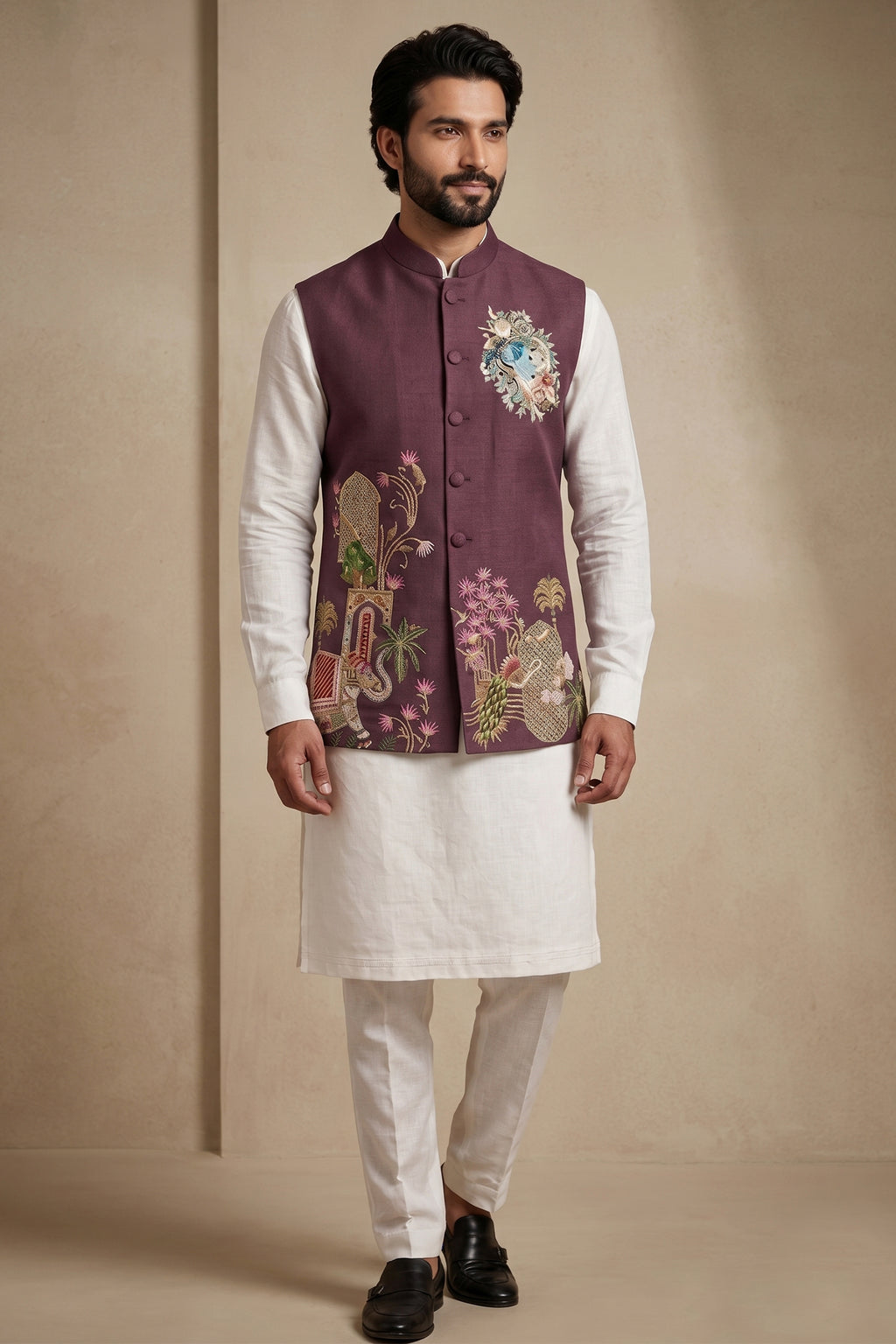 Off White Viscose Embroidered Kurta Pajama with Jacket