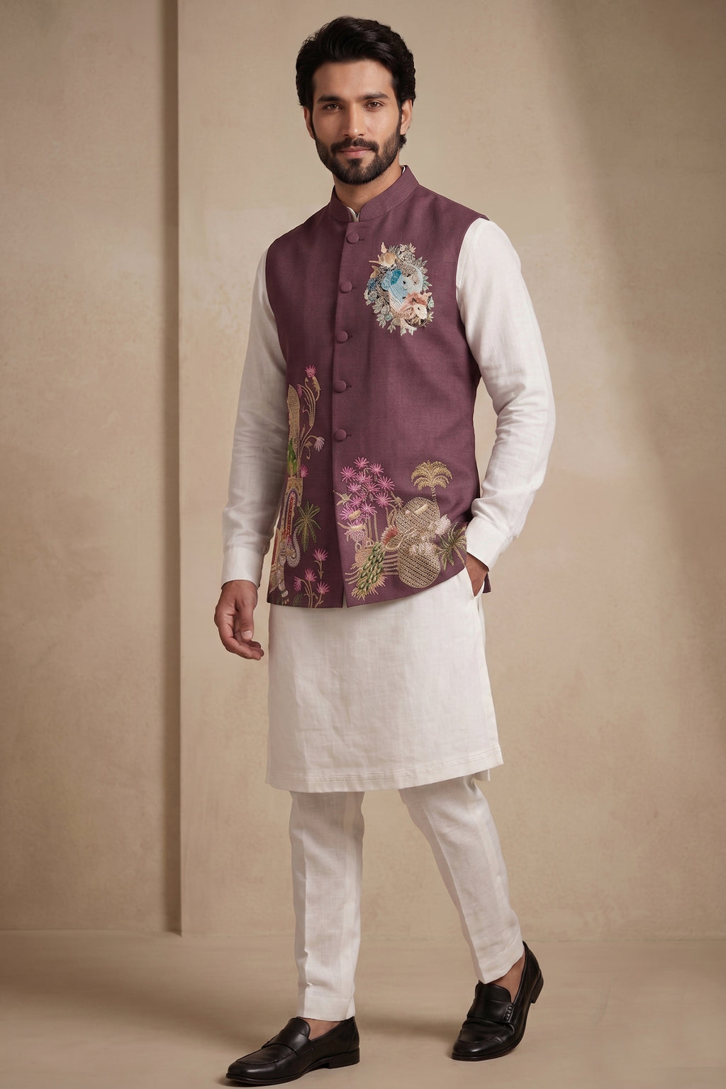 Off White Viscose Embroidered Kurta Pajama with Jacket