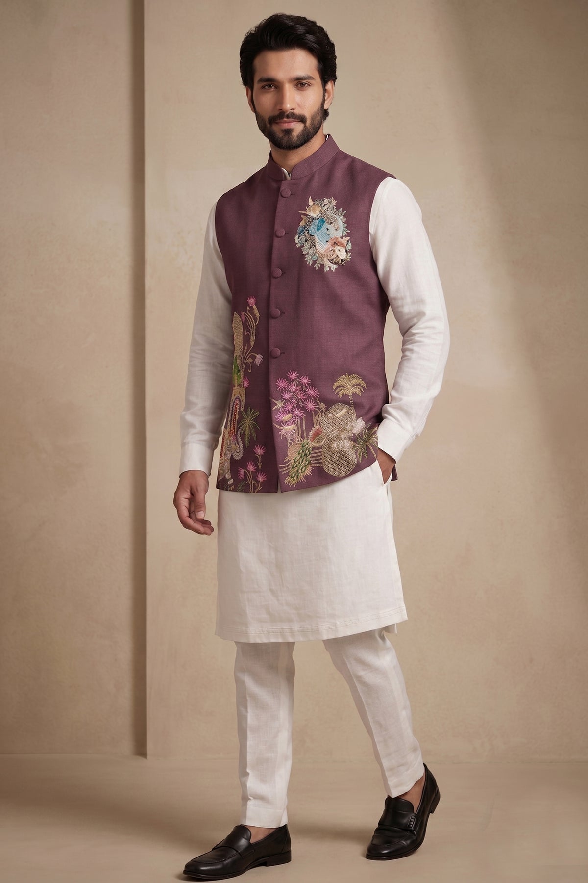 Off White Viscose Embroidered Kurta Pajama with Jacket
