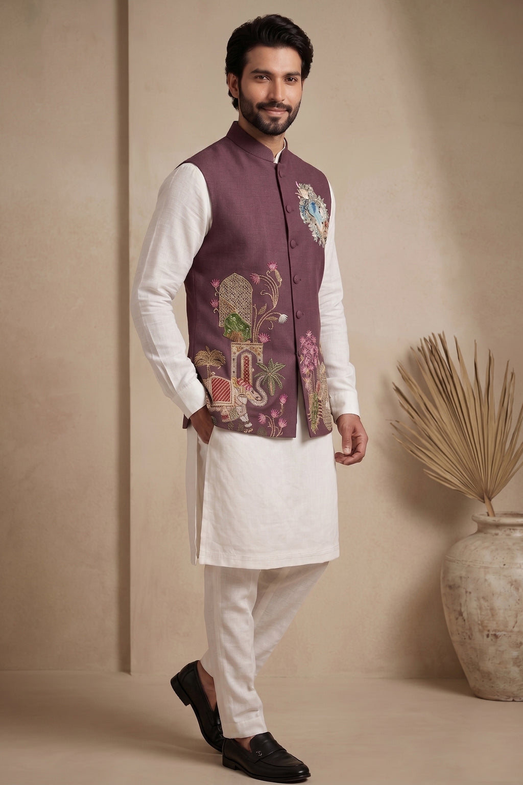Off White Viscose Embroidered Kurta Pajama with Jacket