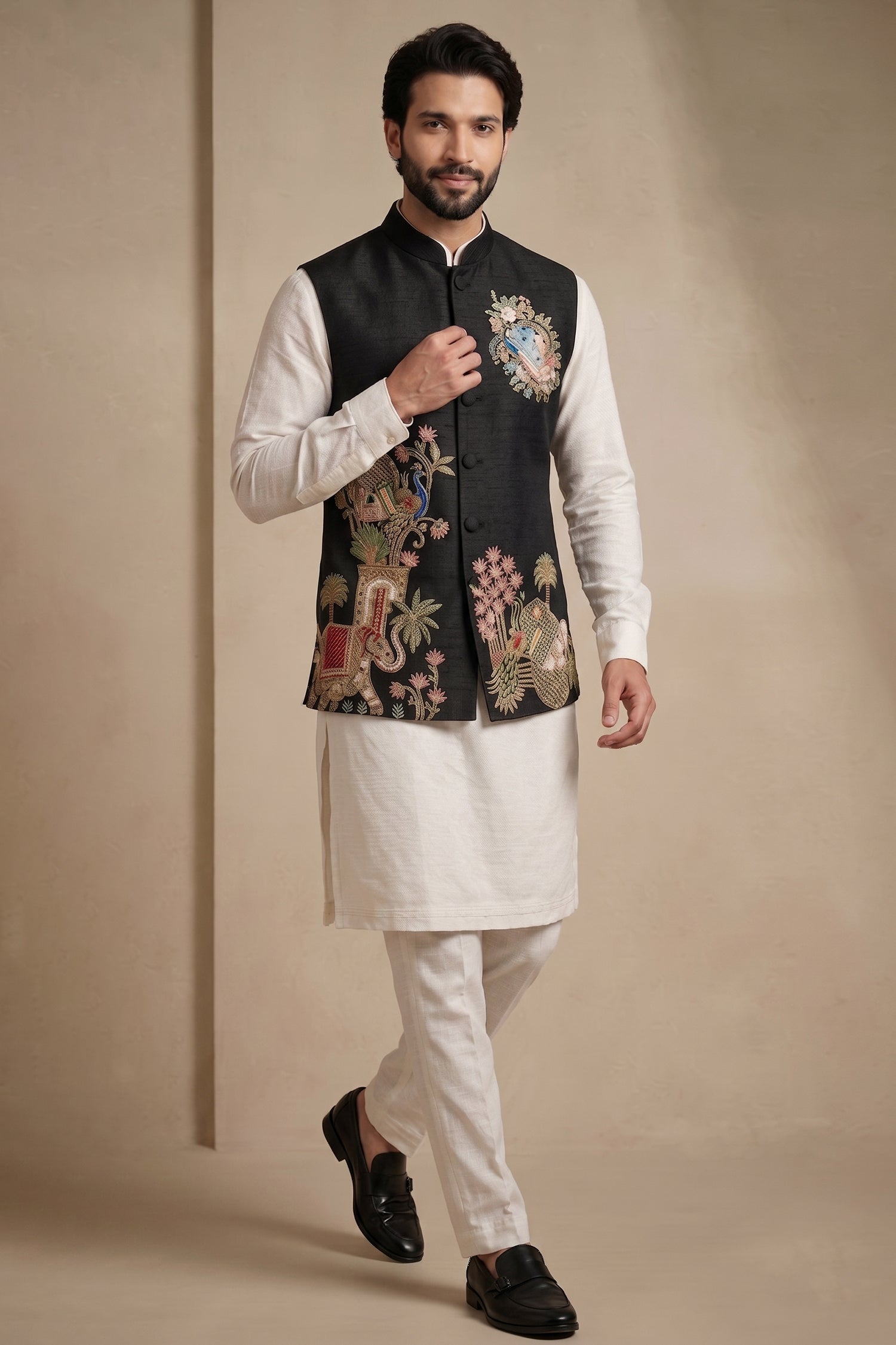 Off White Viscose Embroidered Kurta Pajama with Jacket Secondary image