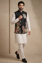 Off White Viscose Embroidered Kurta Pajama with Jacket