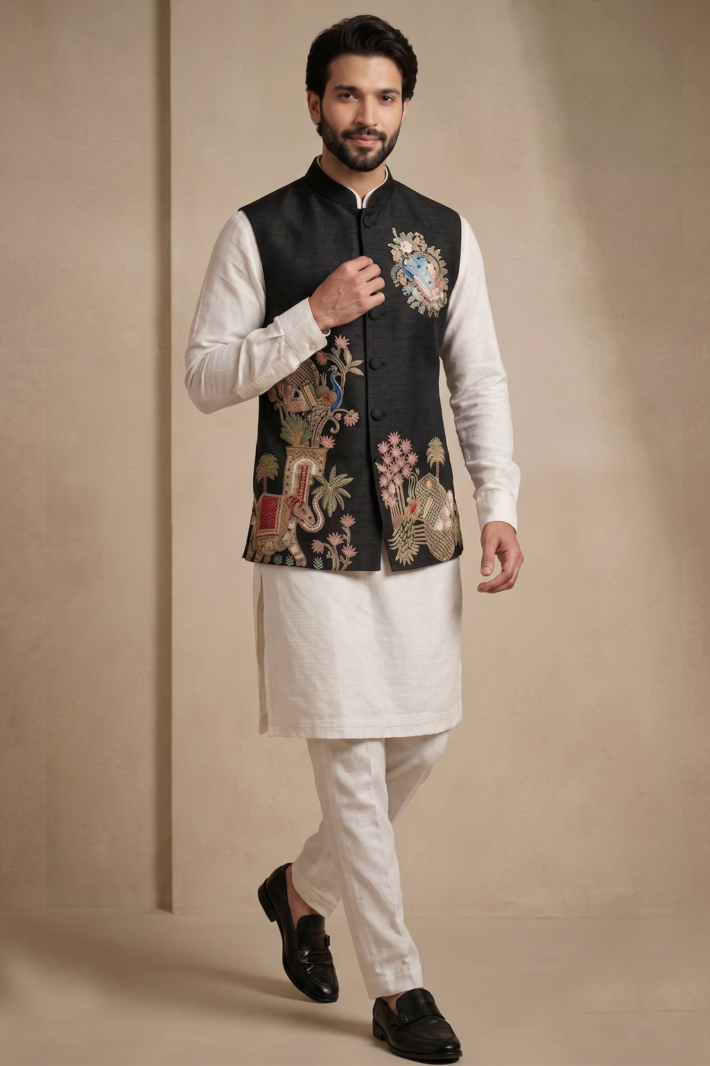 Off White Viscose Embroidered Kurta Pajama with Jacket