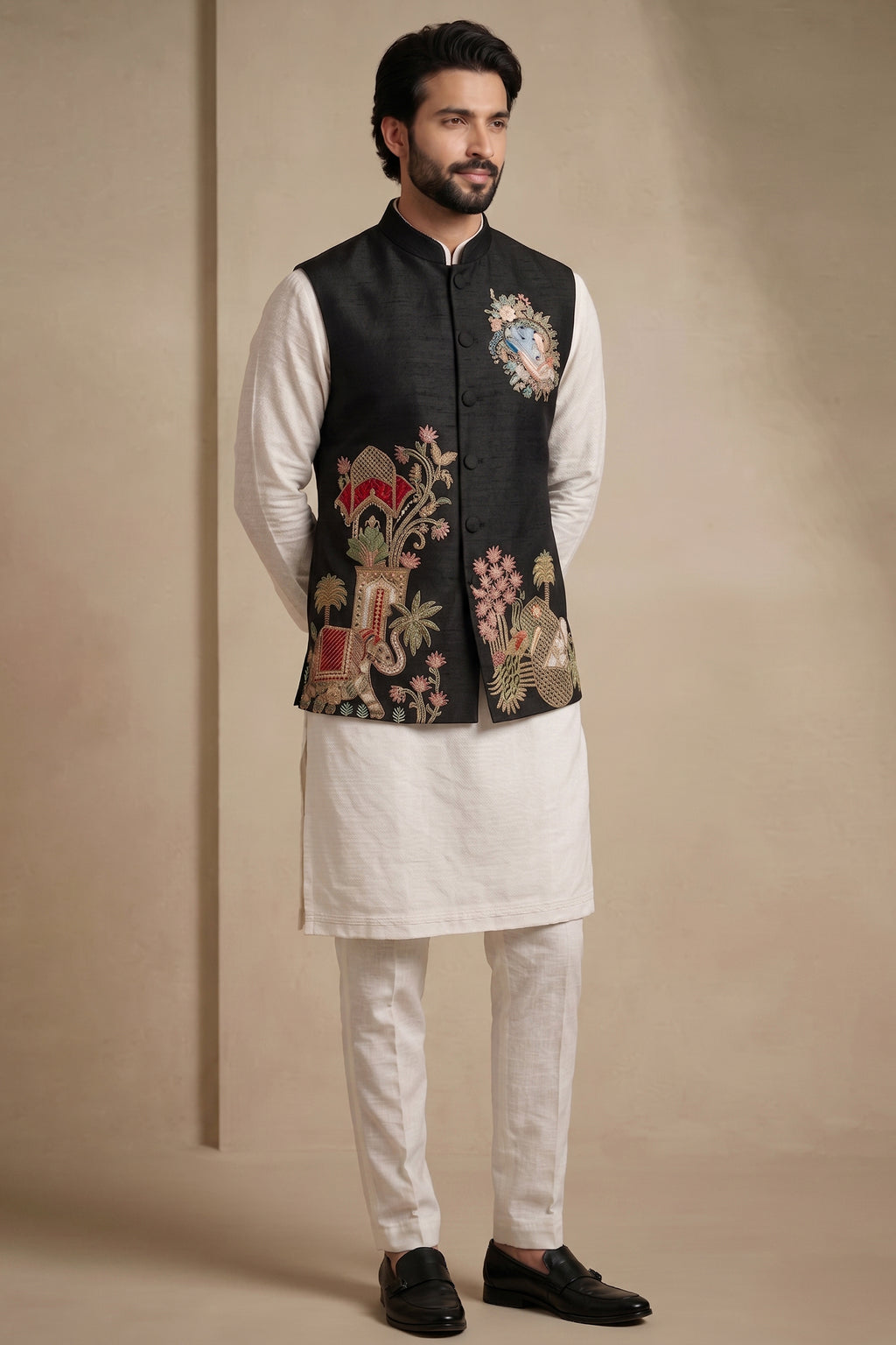 Off White Viscose Embroidered Kurta Pajama with Jacket