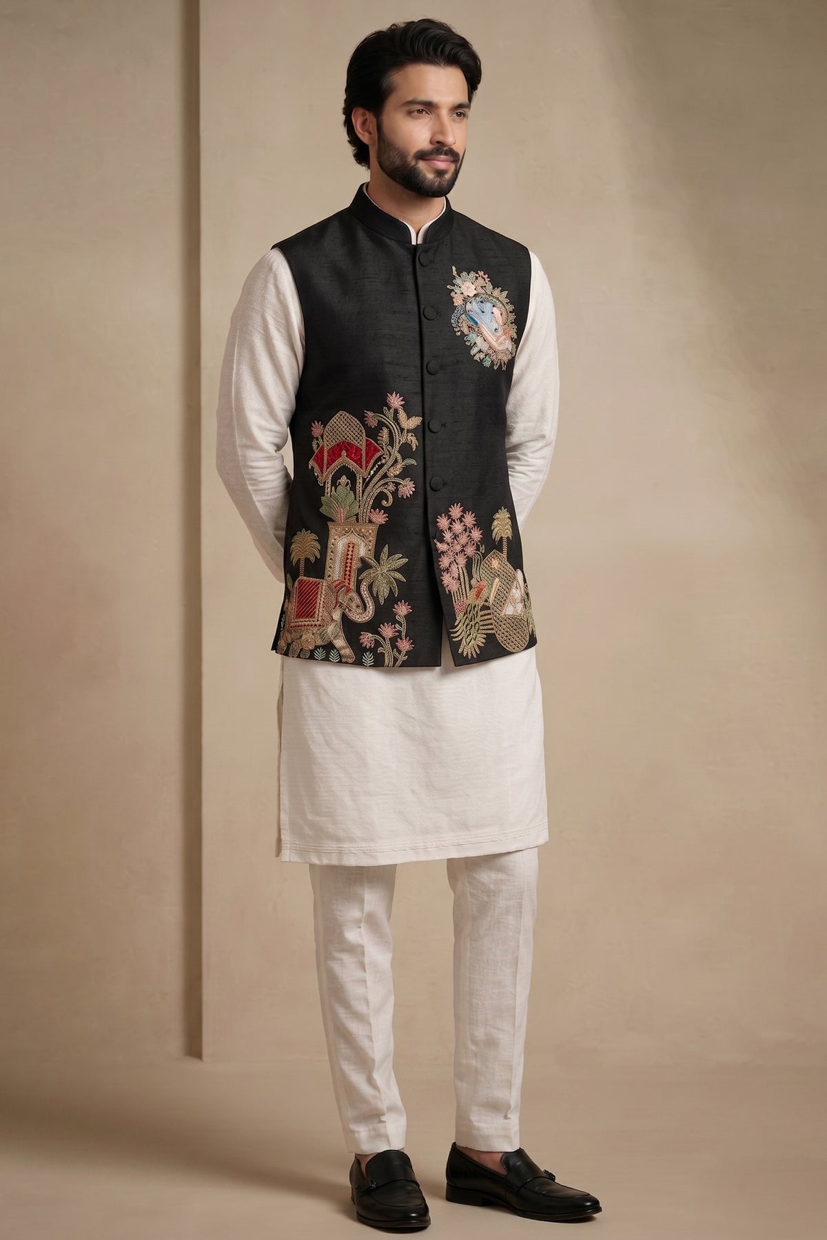 Off White Viscose Embroidered Kurta Pajama with Jacket