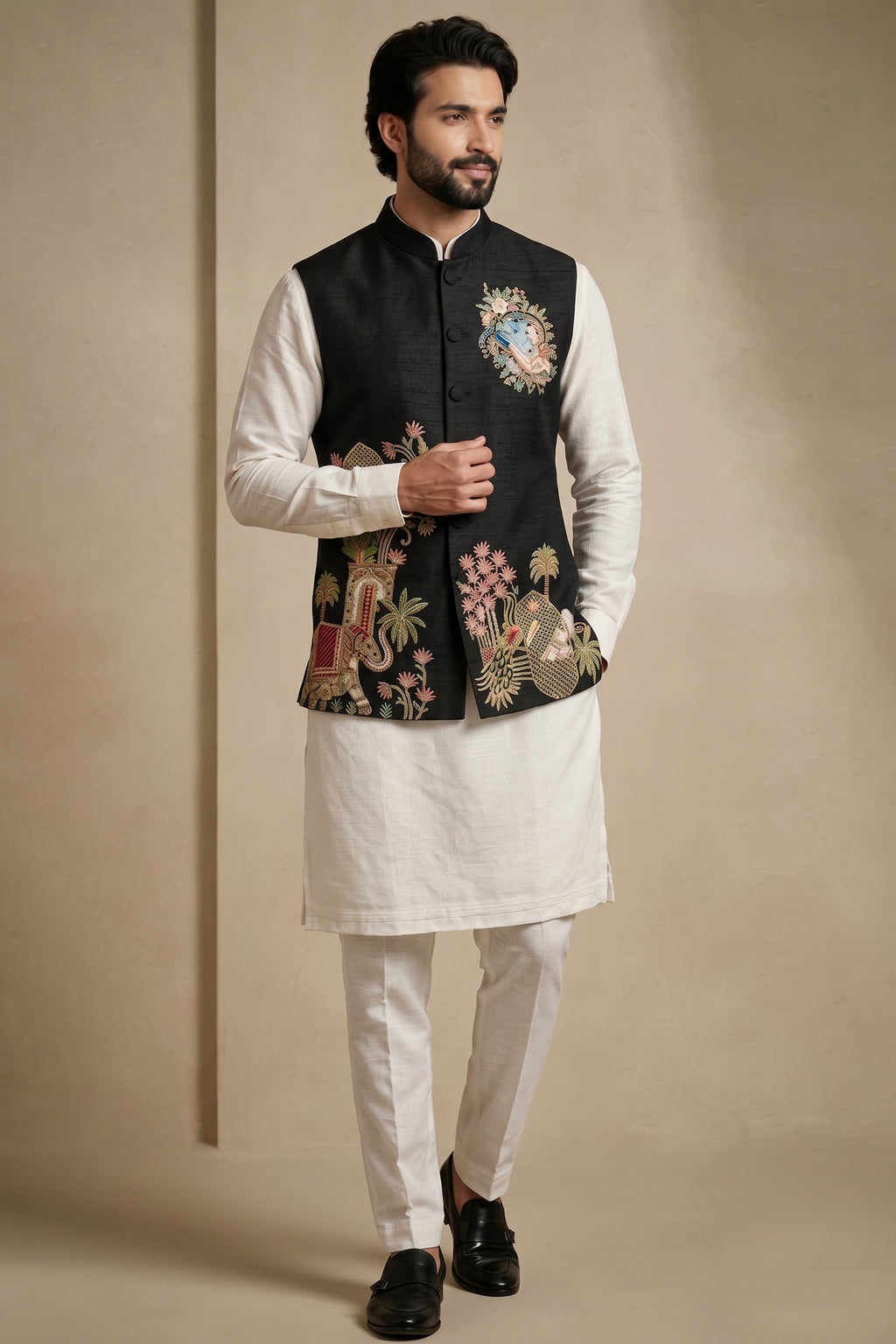 Off White Viscose Embroidered Kurta Pajama with Jacket