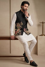 Off White Viscose Embroidered Kurta Pajama with Jacket