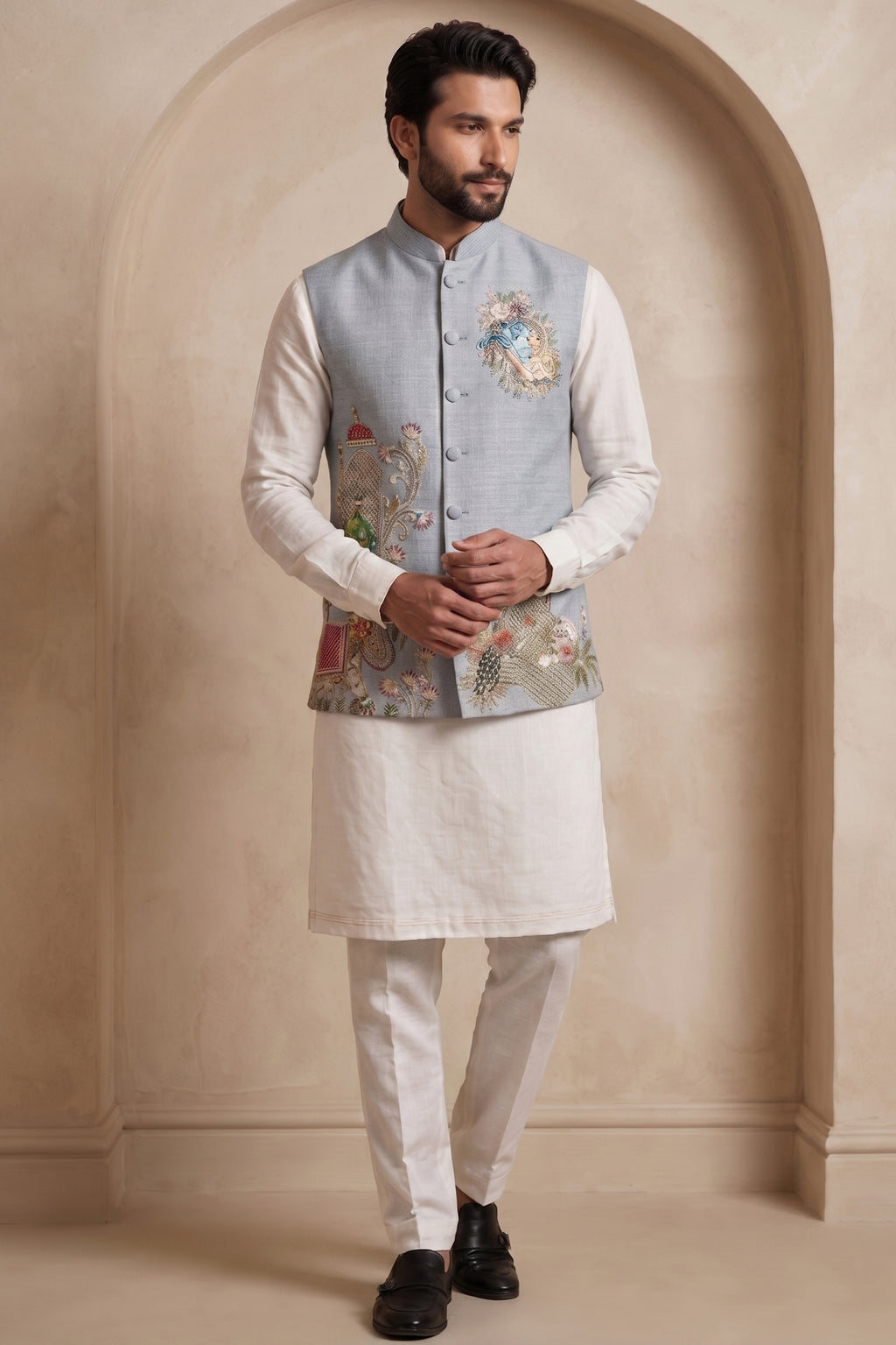 Off White Viscose Embroidered Kurta Pajama with Jacket