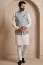 Off White Viscose Embroidered Kurta Pajama with Jacket