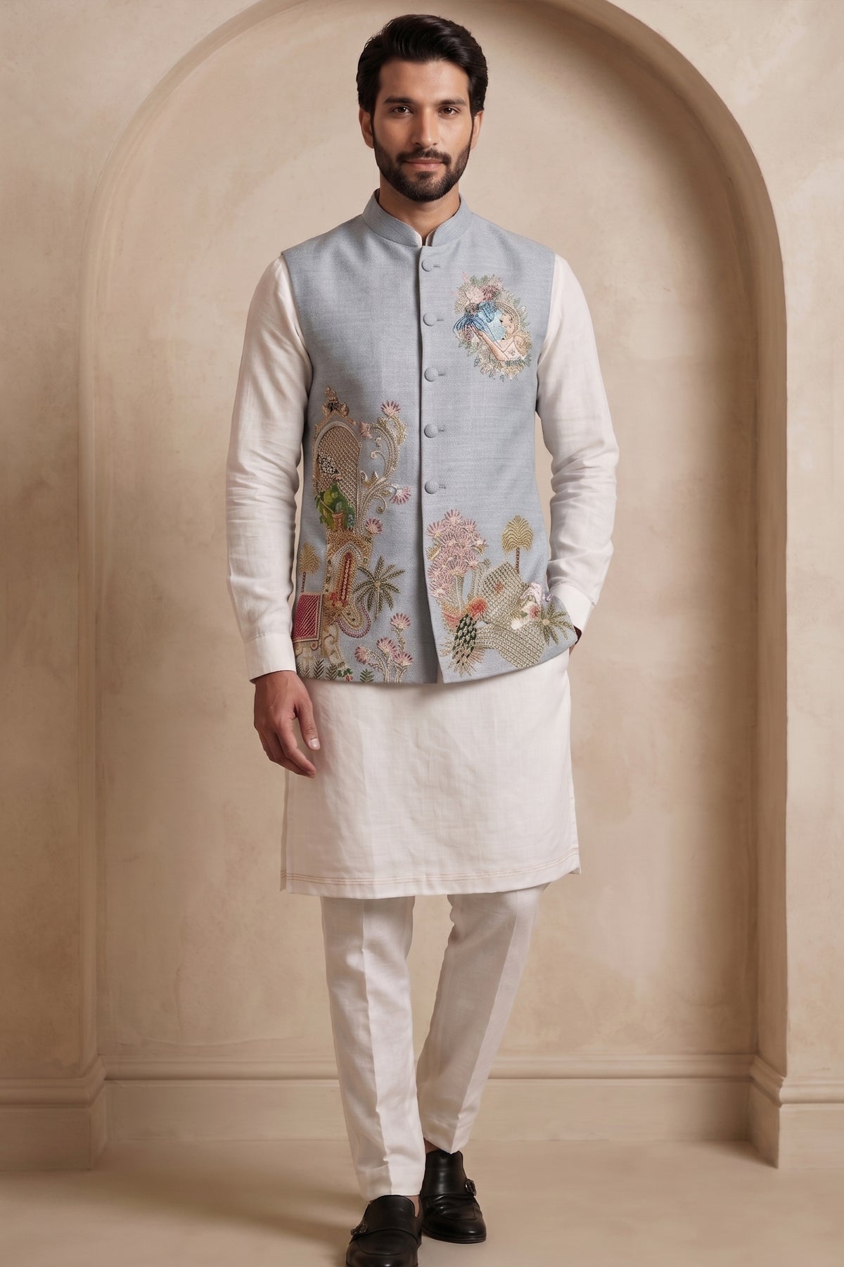 Off White Viscose Embroidered Kurta Pajama with Jacket Main image