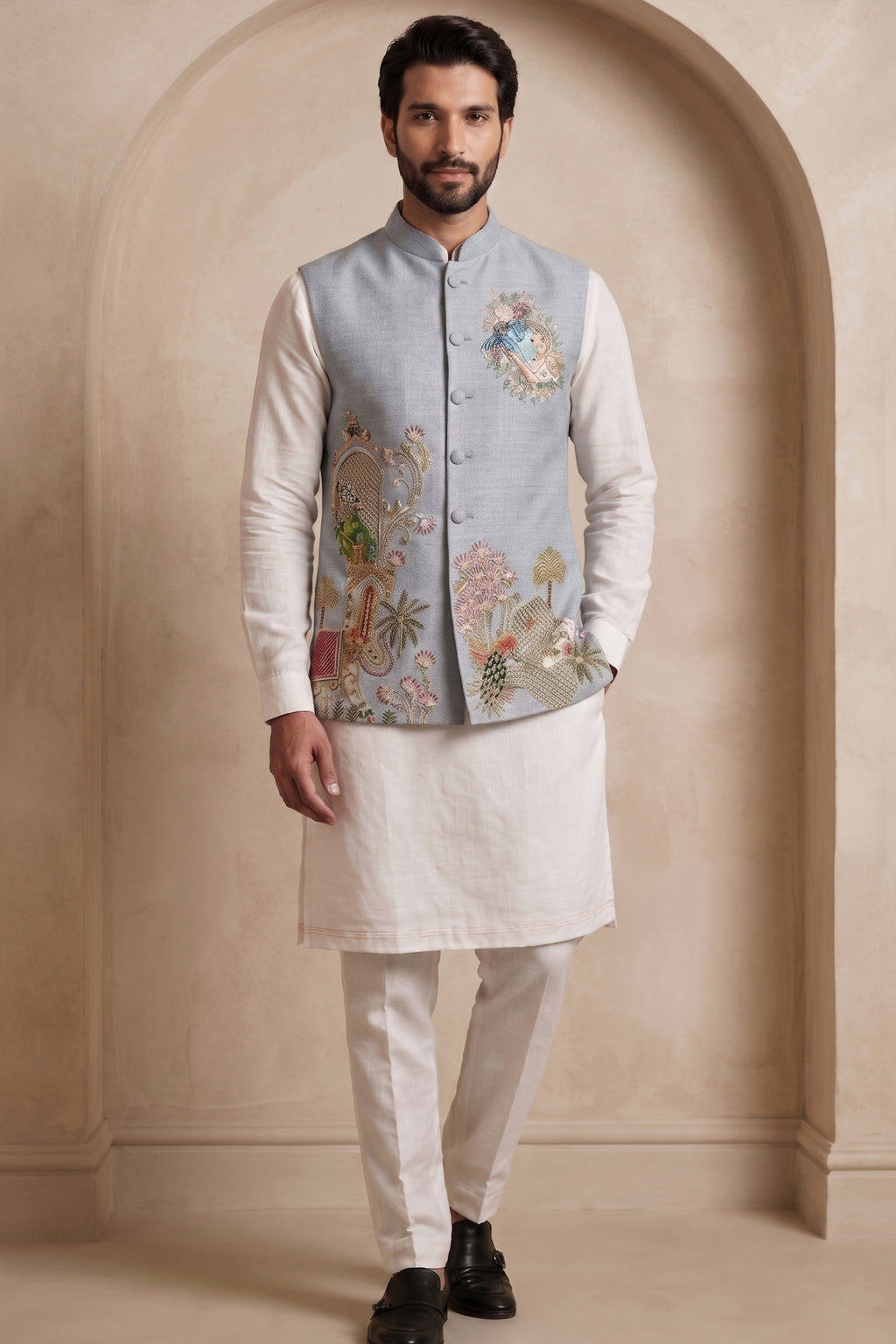 Off White Viscose Embroidered Kurta Pajama with Jacket