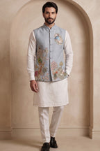 Off White Viscose Embroidered Kurta Pajama with Jacket