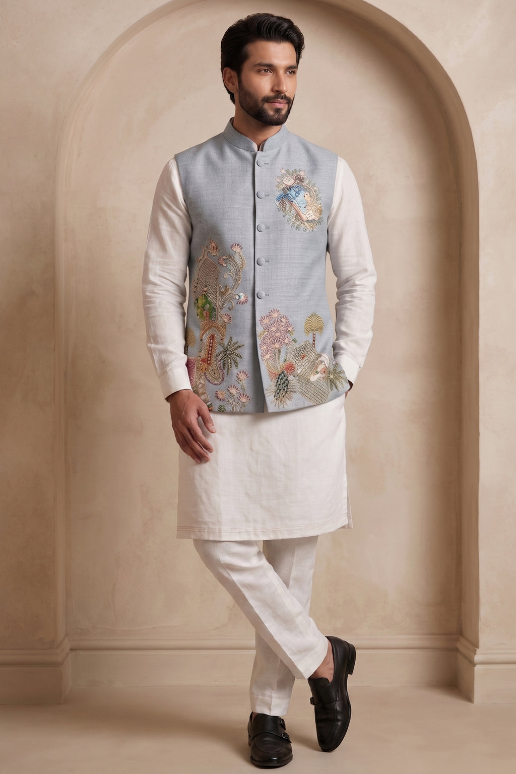 Off White Viscose Embroidered Kurta Pajama with Jacket