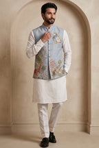Off White Viscose Embroidered Kurta Pajama with Jacket