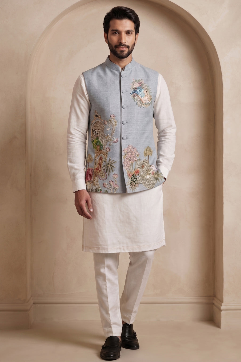 Off White Viscose Embroidered Kurta Pajama with Jacket