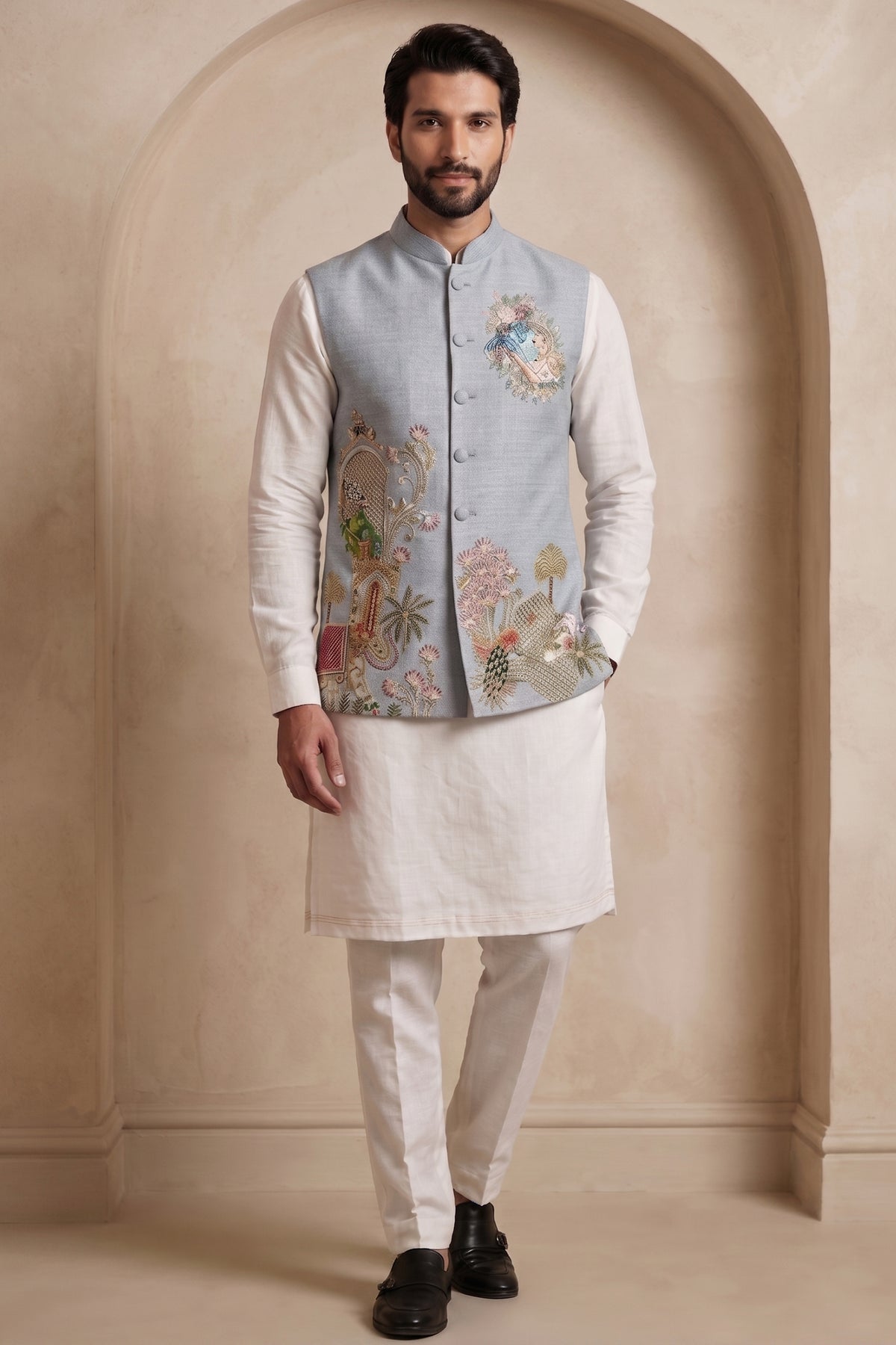 Off White Viscose Embroidered Kurta Pajama with Jacket