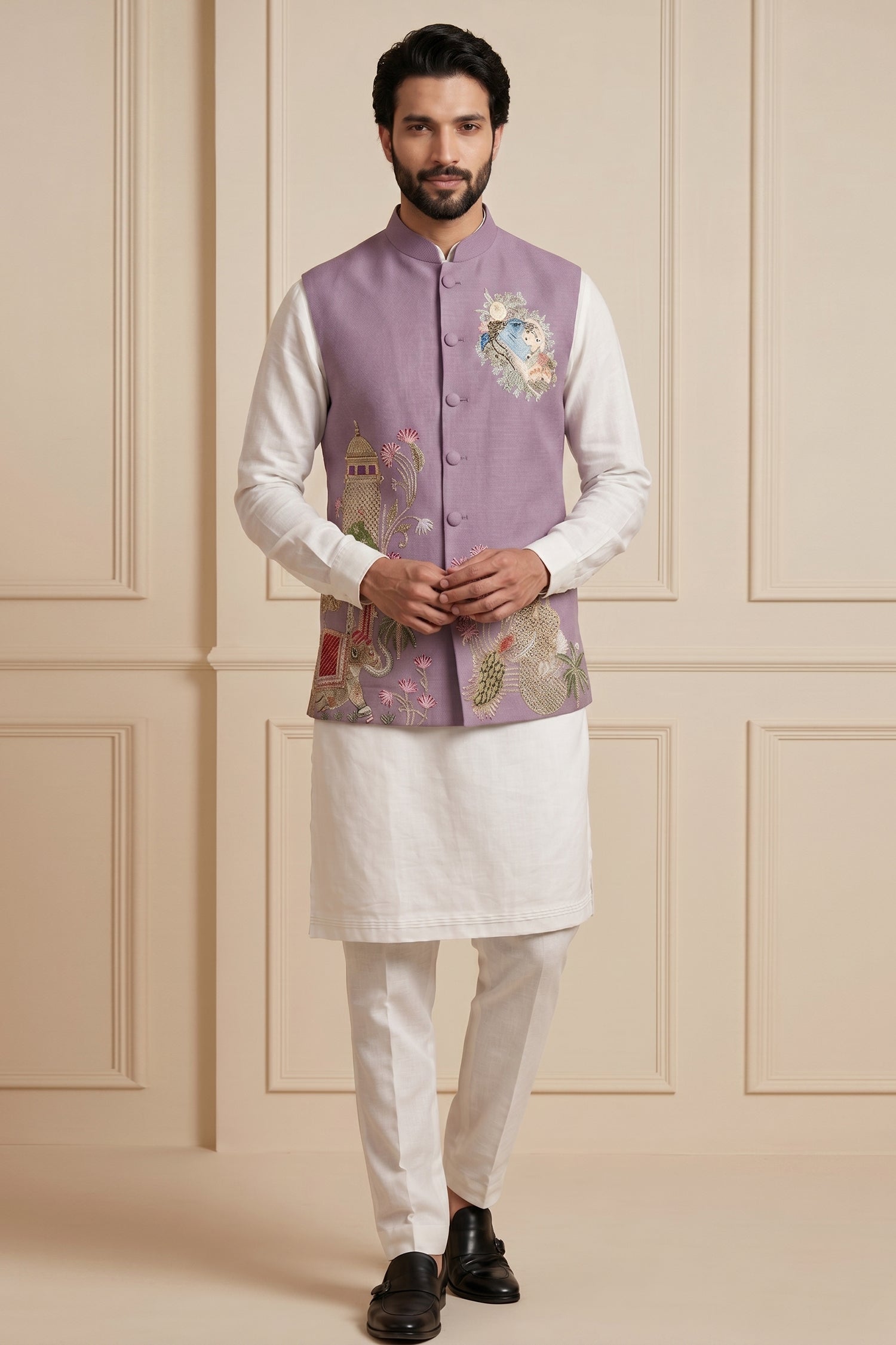 Off White Viscose Embroidered Kurta Pajama with Jacket