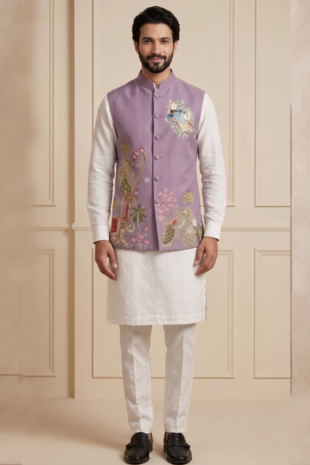 Off White Viscose Embroidered Kurta Pajama with Jacket
