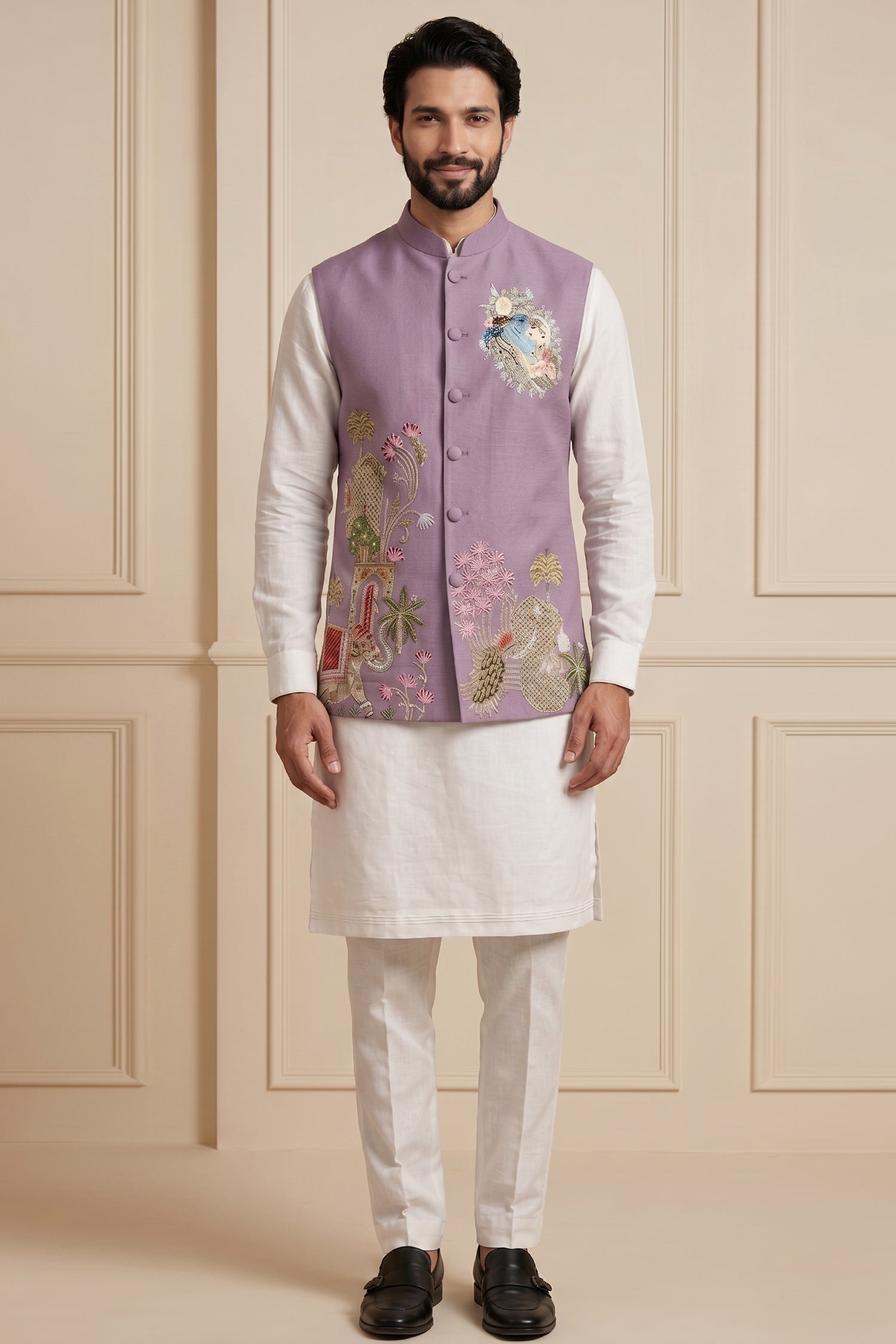 Off White Viscose Embroidered Kurta Pajama with Jacket Main image