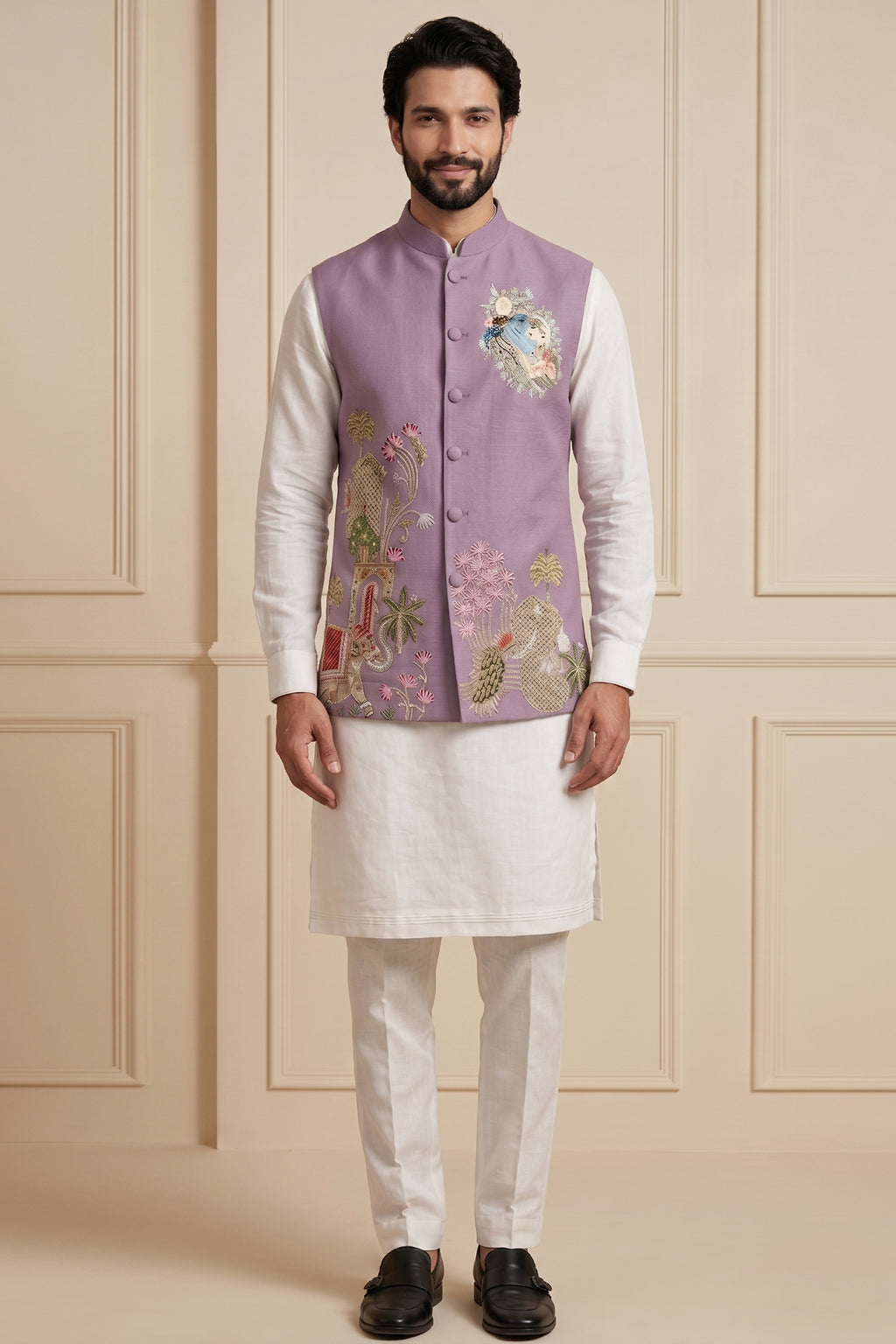 Off White Viscose Embroidered Kurta Pajama with Jacket