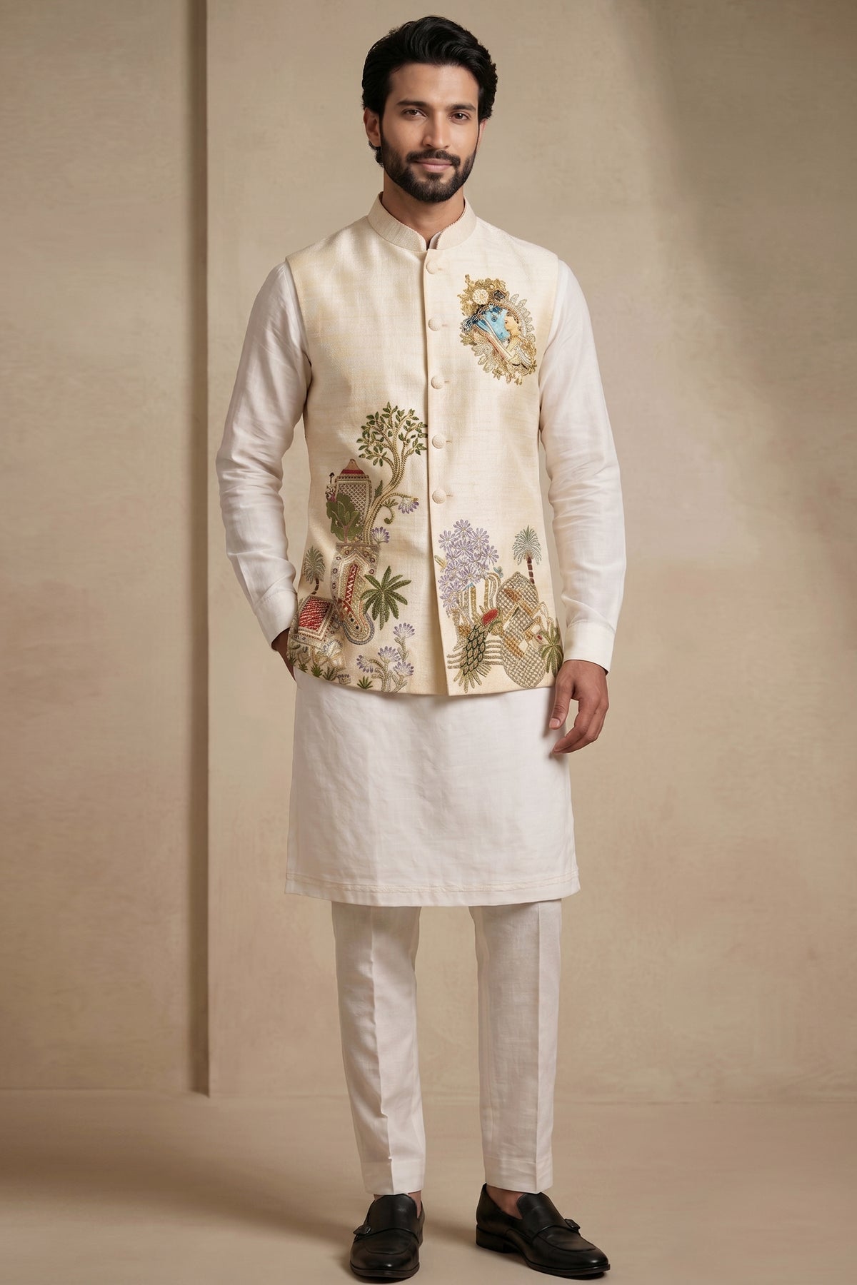 Off White Viscose Embroidered Kurta Pajama with Jacket Main image