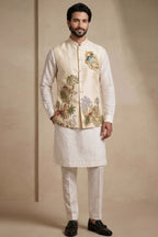 Off White Viscose Embroidered Kurta Pajama with Jacket