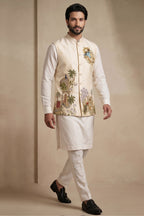 Off White Viscose Embroidered Kurta Pajama with Jacket