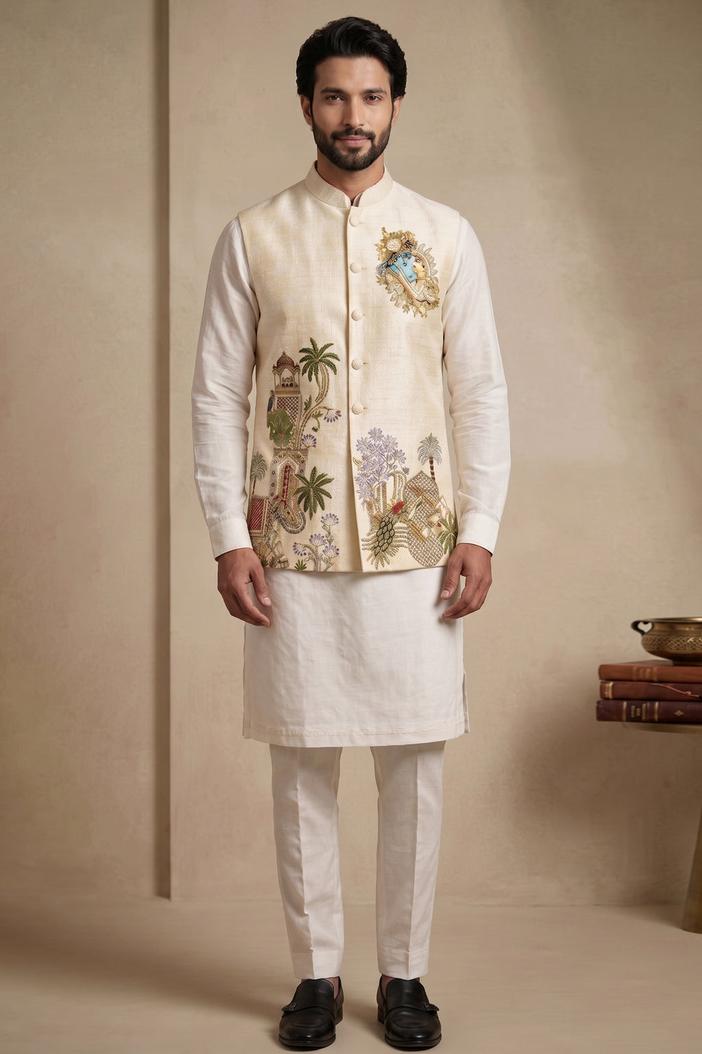 Off White Viscose Embroidered Kurta Pajama with Jacket