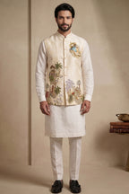 Off White Viscose Embroidered Kurta Pajama with Jacket
