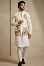 Off White Viscose Embroidered Kurta Pajama with Jacket
