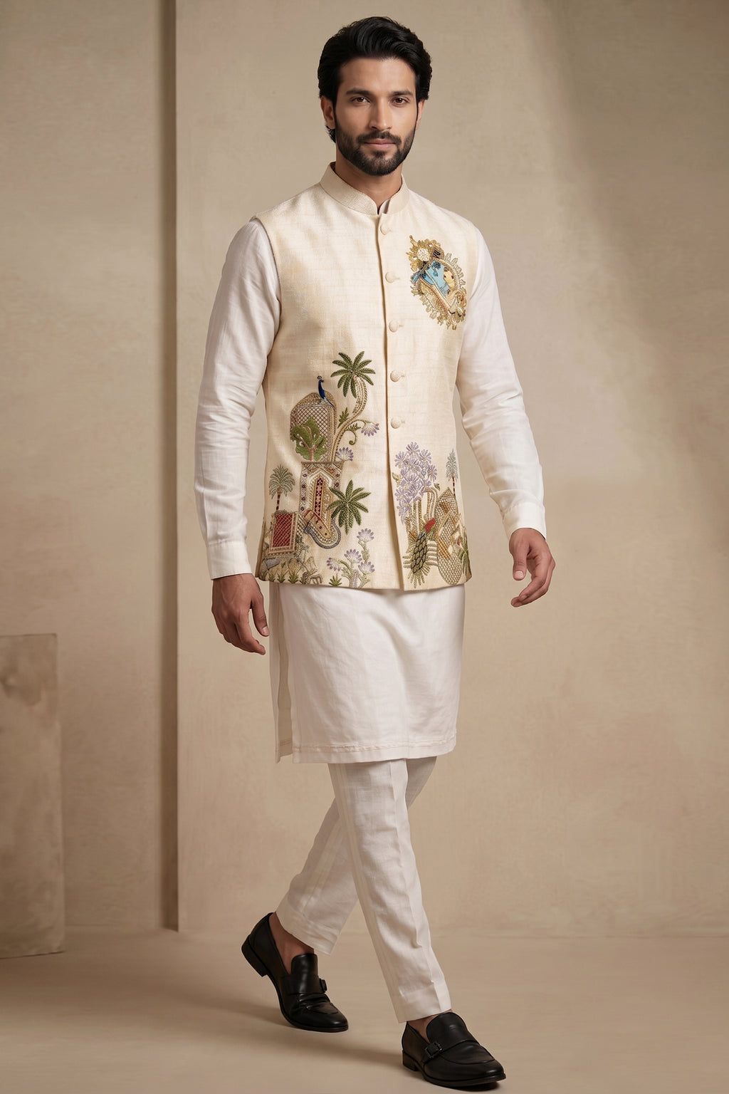 Off White Viscose Embroidered Kurta Pajama with Jacket