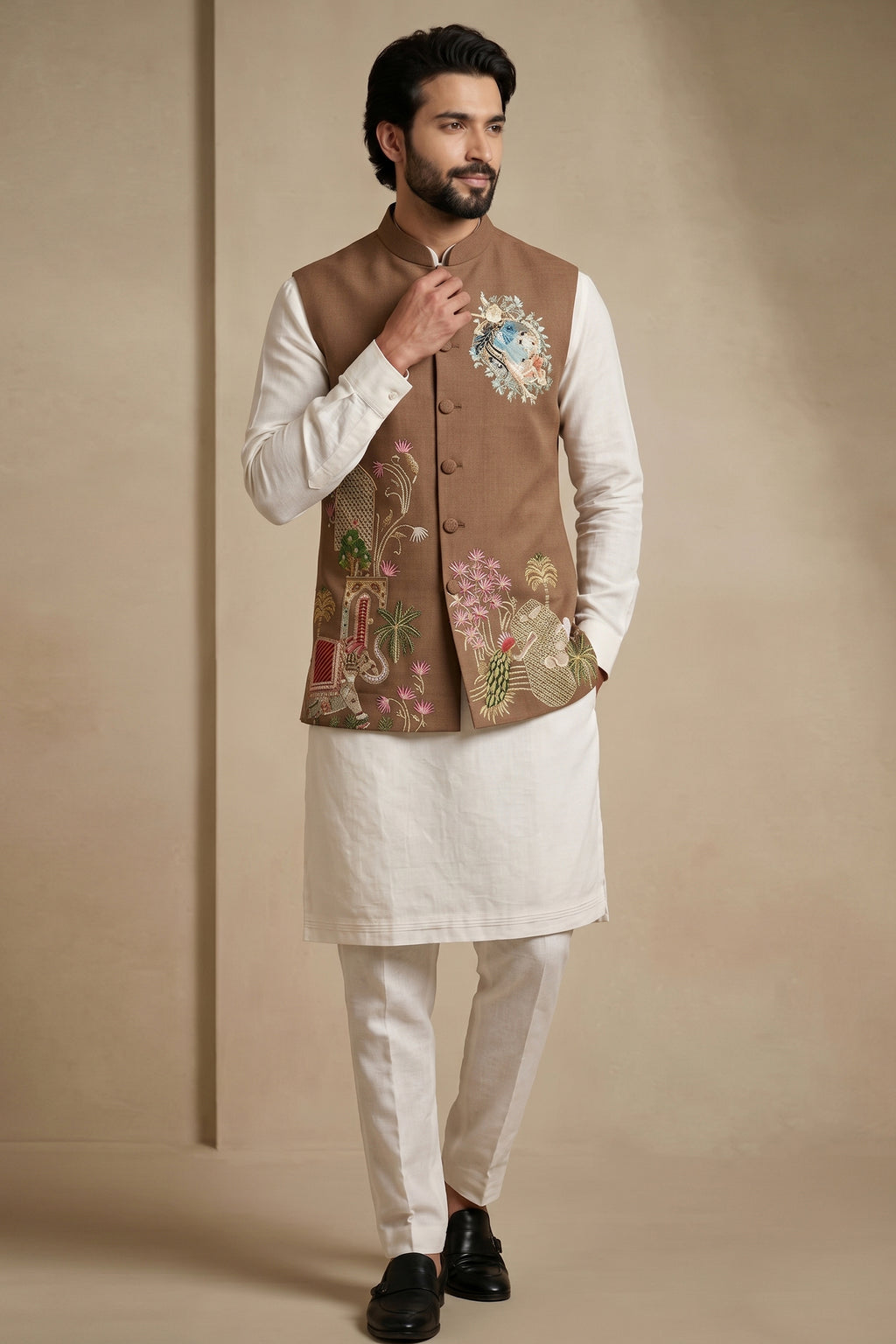 Off White Viscose Embroidered Kurta Pajama with Jacket