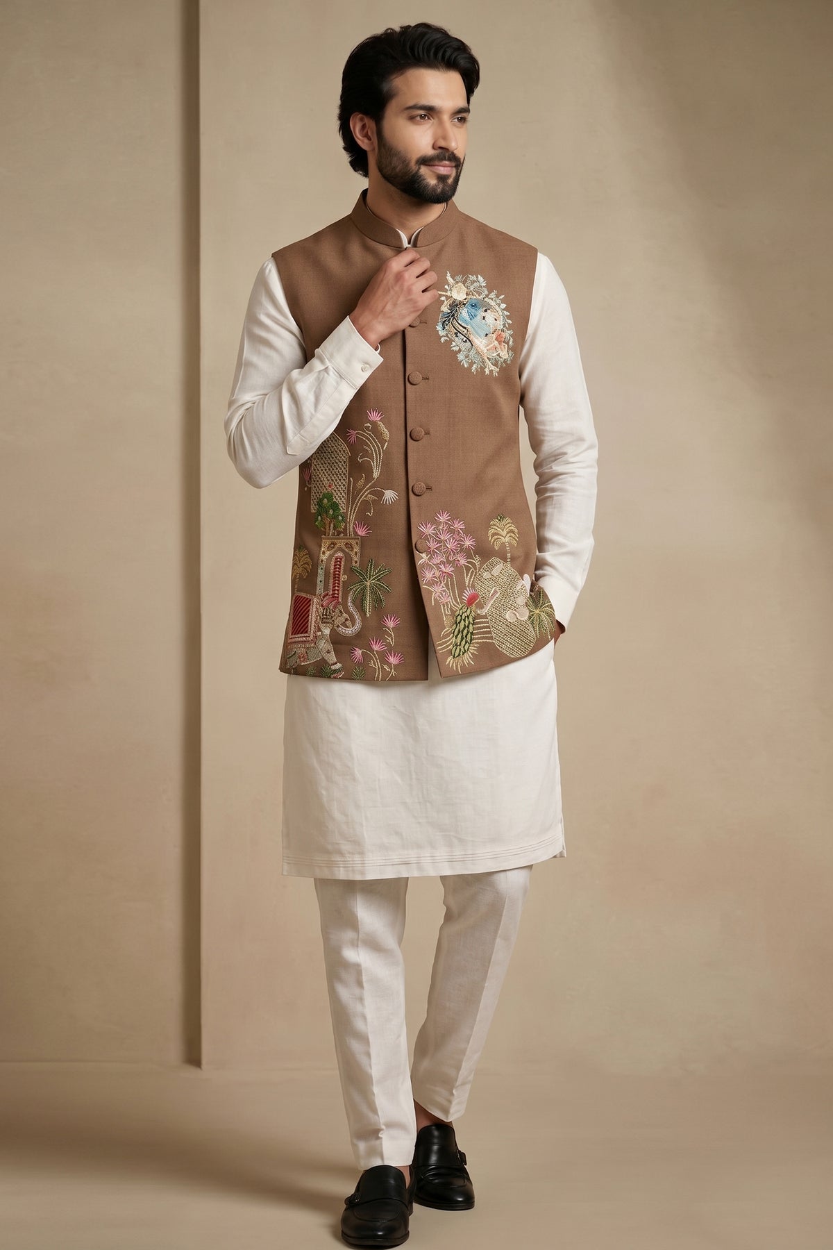 Off White Viscose Embroidered Kurta Pajama with Jacket