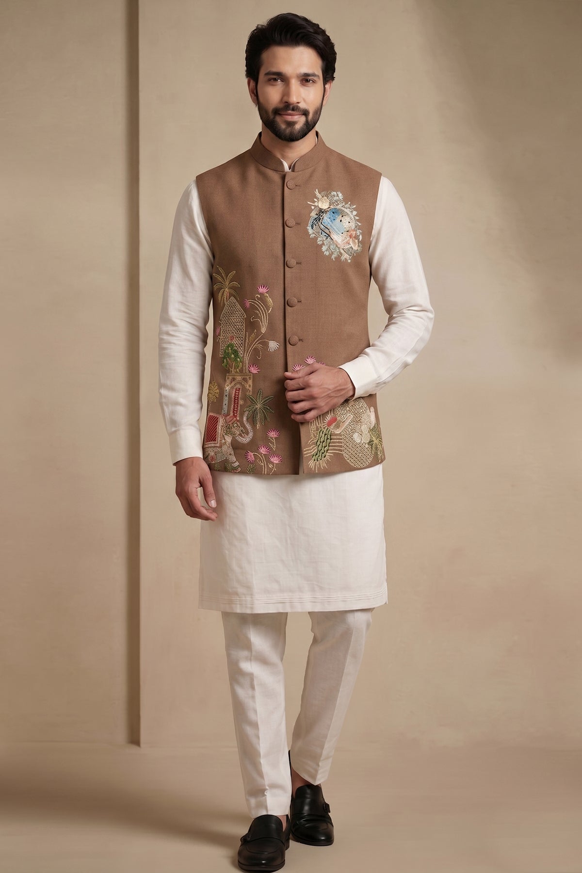 Off White Viscose Embroidered Kurta Pajama with Jacket
